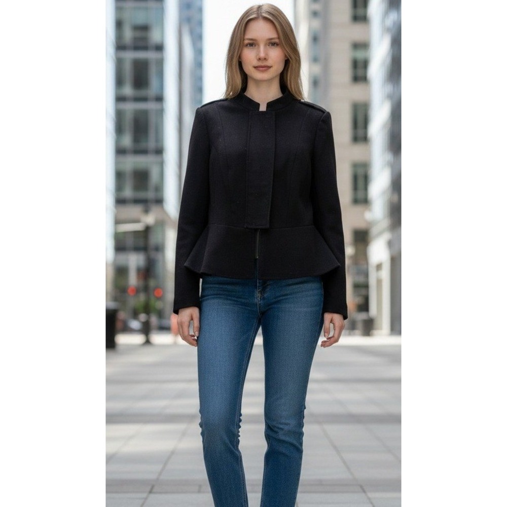 Worthington Black Peplum Jacket Mock Neck Zip Front Blazer Business Career Sz M